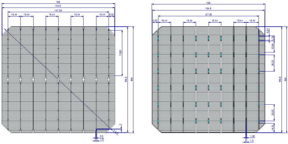 Dimension of bifacial 166mm solar cell